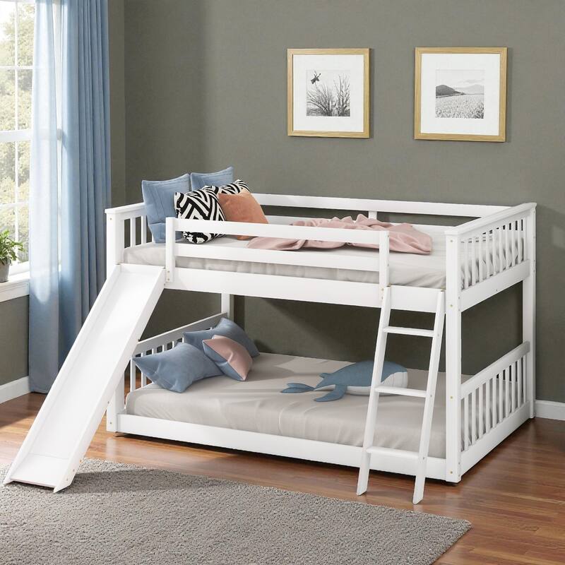 Twin Over Twin / Full Over Full Wooden Bunk Bed with Convertible Slide and Ladder, Guardrails, No Box Spring Needed