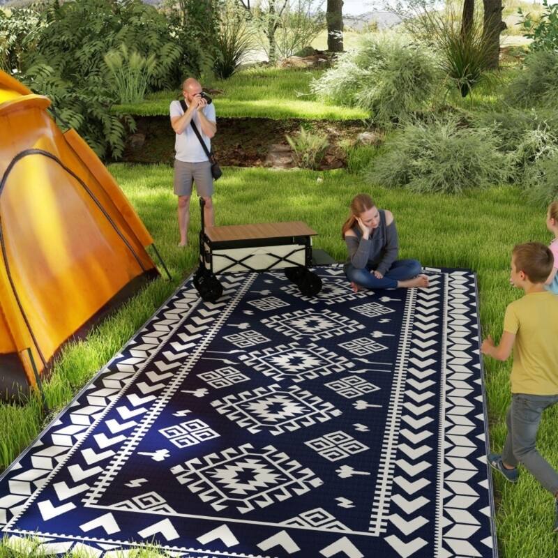 Reversible Outdoor Rug Rhombus Patchwork, UV-Protected, Foldable & Portable Polypropylene Mat - 215.7" L x 107.9" W