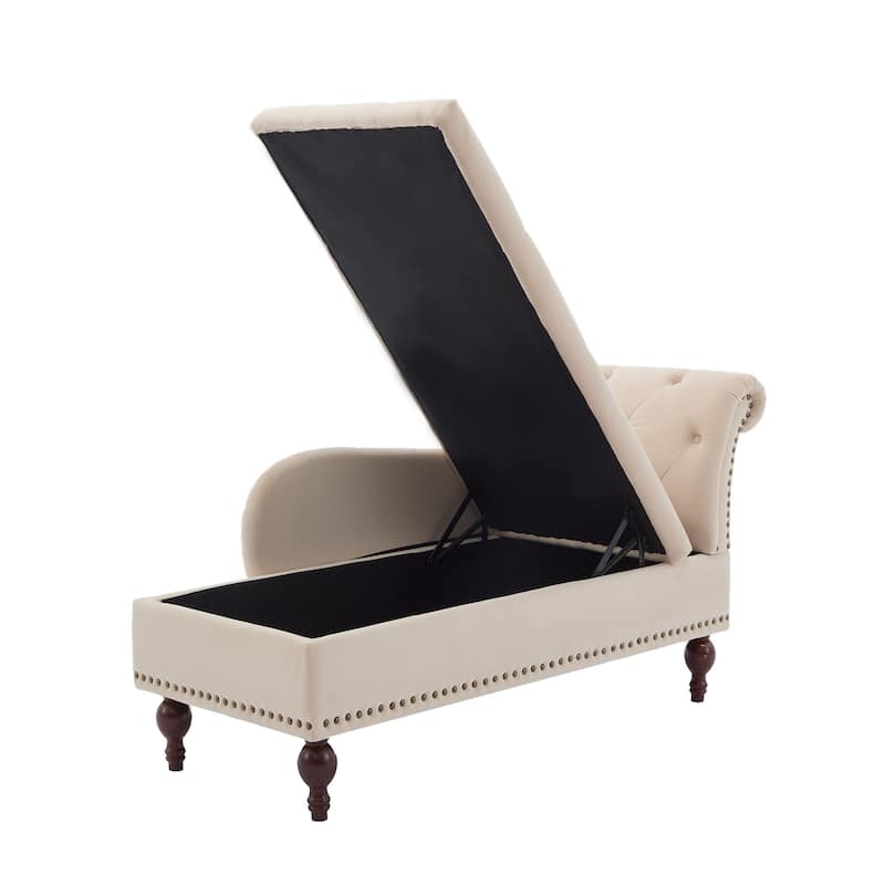 Velvet Chaise Lounge with a Storage Function, Tufted Cushions & Nailheads