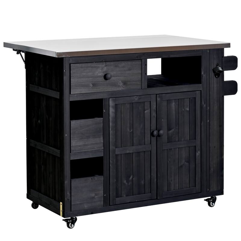 Outdoor Solid Wood Extendable Kitchen Island with Stainless Steel Top, Side Spice Rack, Drawers & Storage Cabinet
