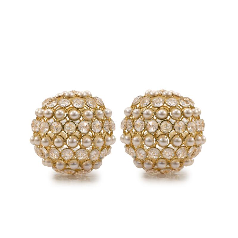 HomeRoots Set of Two 5" Gold Clear And Ivory Metal Faux Crystal And Pearl Decorative Orbs