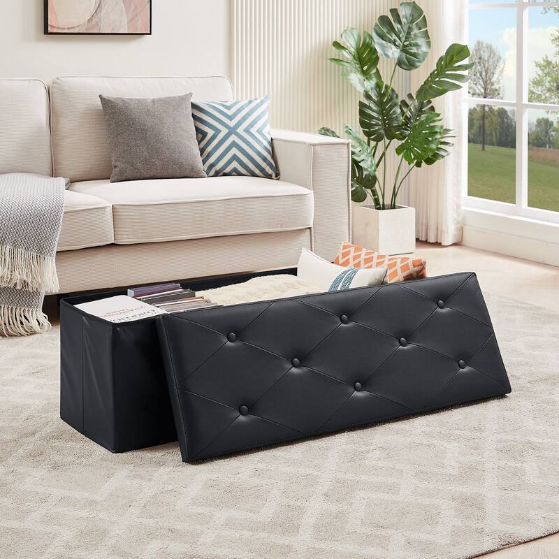 2 PC Storage Folding Ottoman, Storage Footrest Stool, Faux Leather Storage Bench Cube with Padded Seat for Small Space