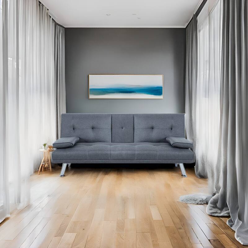 Convertible Futon Sofa Bed with Armrests & Cupholders - Faux Leather Reclining Couch for Small Spaces