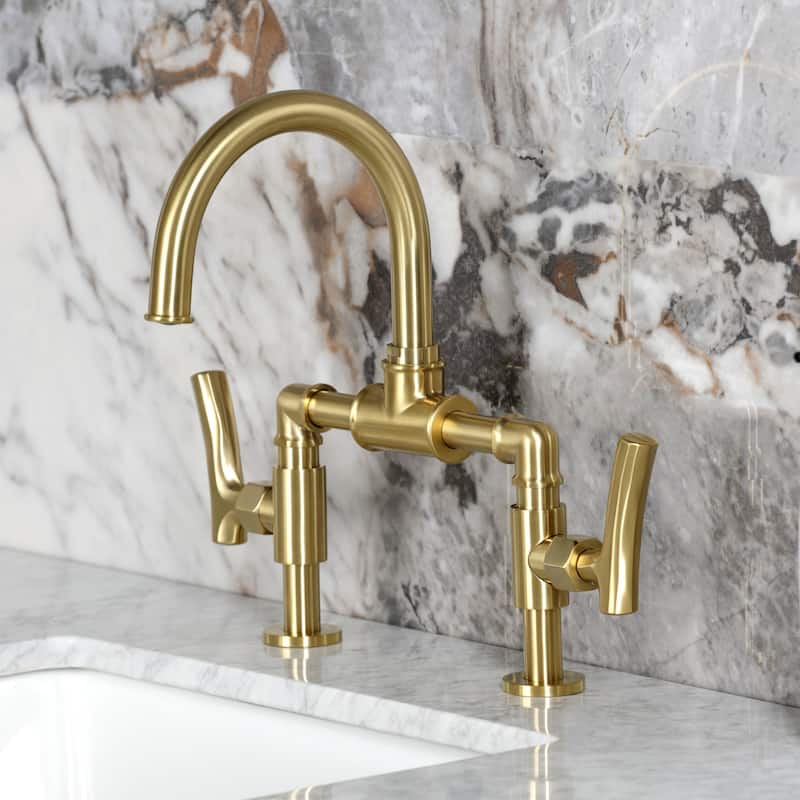 Kingston Brass Hallerbos Two-Handle 4-Hole Deck Mount Bridge Bathroom Faucet with Brass Pop-Up Drain