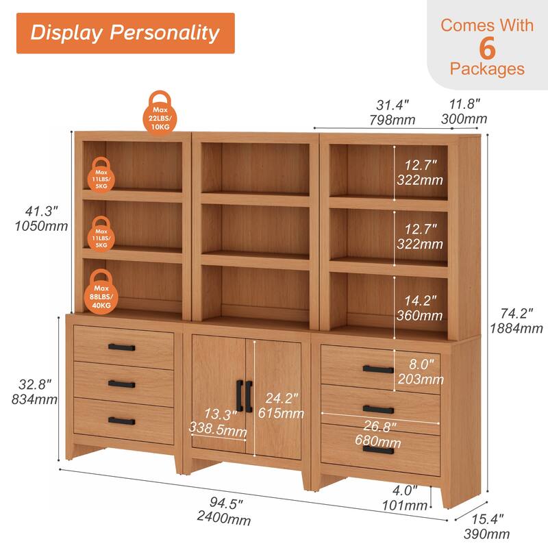 WAMPAT 74" 3-Piece Bookcase, Farmhouse Storage with Doors & Drawers