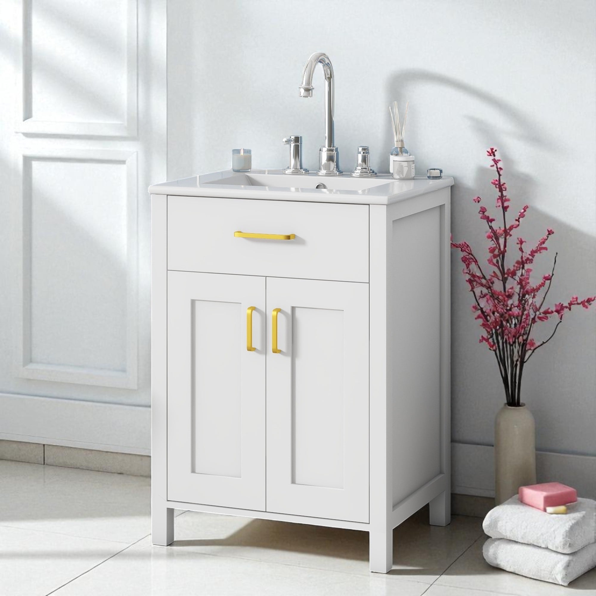 24 Inch Bathroom Vanity with Ceramic Sink Solid Wood Frame 2 Soft Close Doors and Adjustable Storage
