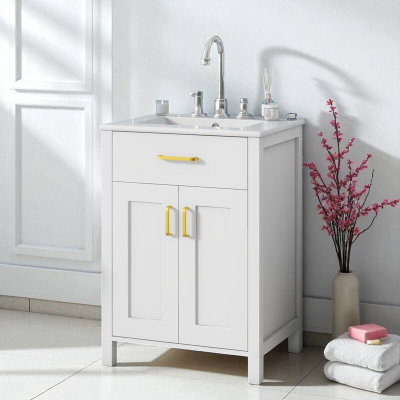 24 Inch Bathroom Vanity with Ceramic Sink Solid Wood Frame 2 Soft Close Doors and Adjustable Storage - White