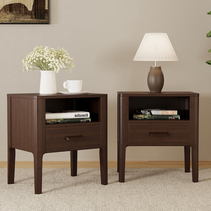 GDFStudio - Miri Mid-Century Modern Solid Bamboo Wood Nightstand with Drawer & Open Shelf, Softly Curved Edges Design
