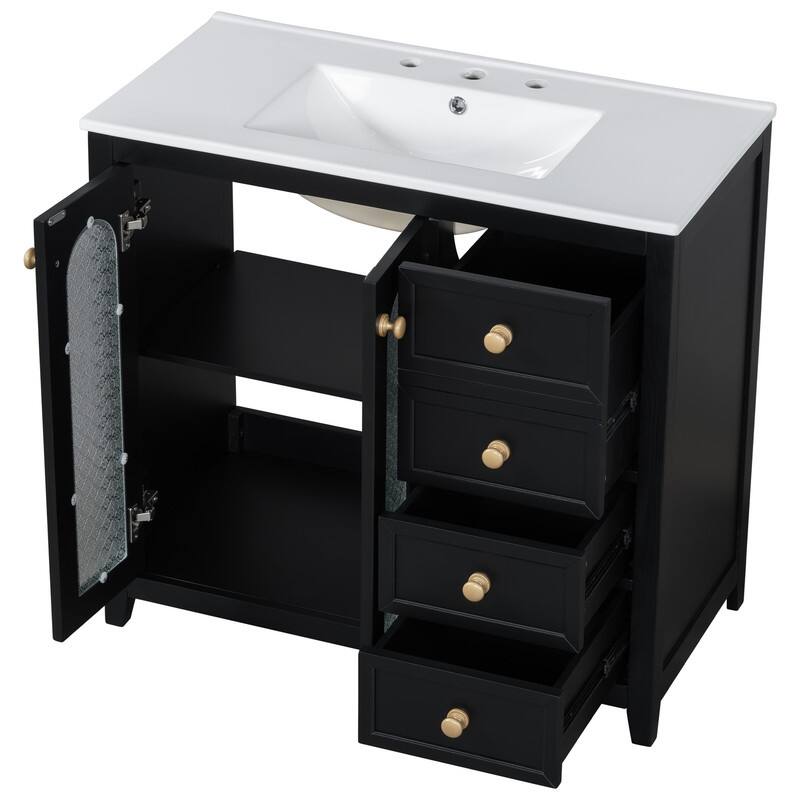 30''/36'' Bathroom Vanity with Sink, 3 Drawers Bathroom Storage Cabinet with Soft-Close Glass Door and Adjustable Shelf