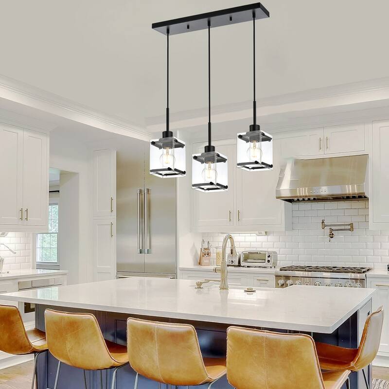 Modern Metal Chandeliers with Clear Square Glass - Black