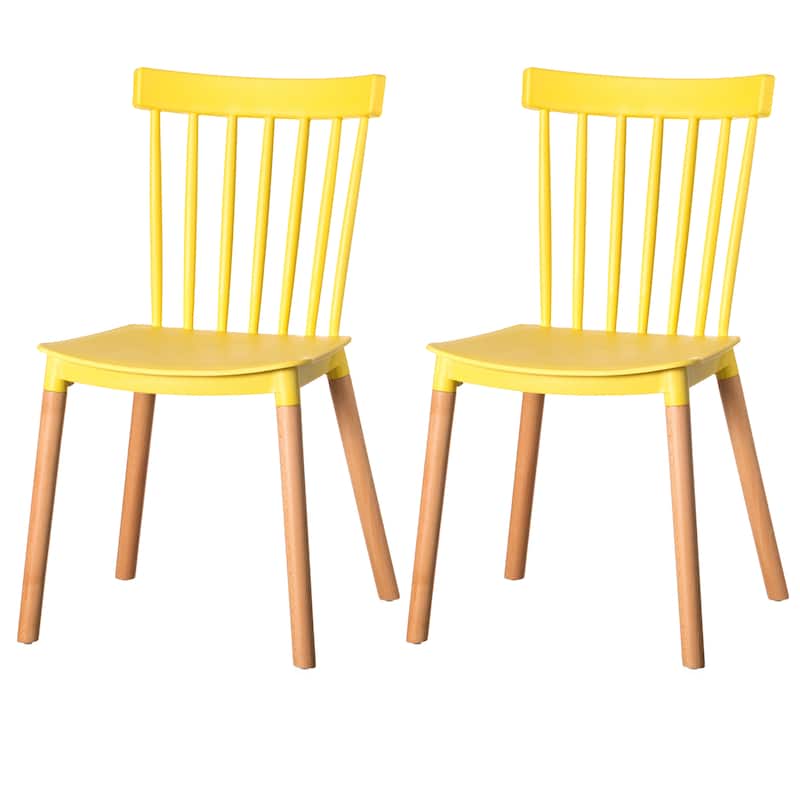 Modern Plastic Dining Chair Windsor Design with Beech Wood Legs - Set of 2 Yellow