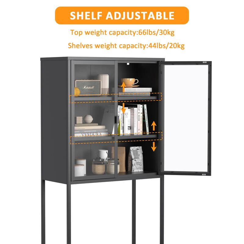 Heavy Duty Metal Storage Cabinet Sideboards & Buffet, Tall Bookcase Display Case with Glass Doors & 2 Adjustable Shelves