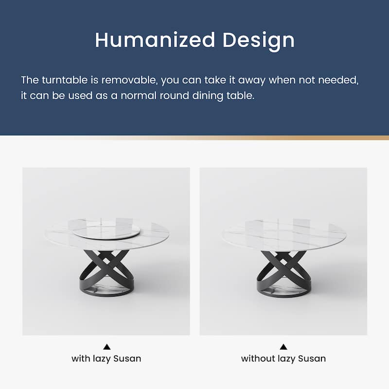 Modern Round White Glossy Dining Table with Sintered Stone Tabletop and Black X Carbon Steel Base