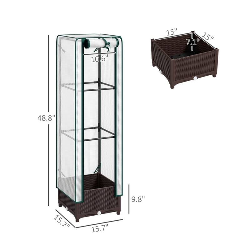 Brown and White Mini Greenhouse with PE Cover and Self-Watering System and Roll-Up Zipper