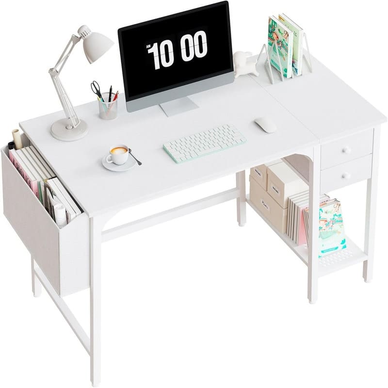 White Small Desk with Drawers - 39.4"D x 19.7"W x 29.5"H - White