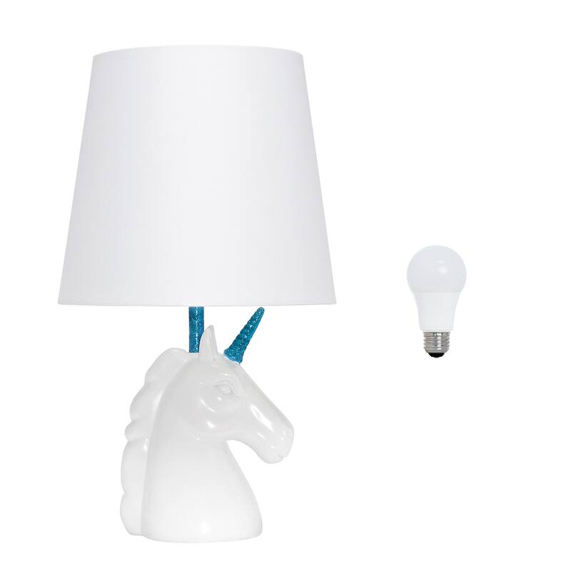 Simple Designs 15.5" Sparkling Glitter Unicorn Table Lamp, White with Blue Glitter, With LED Bulb - Blue
