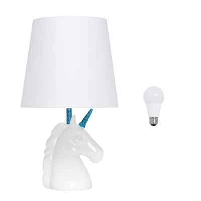 Simple Designs 15.5" Sparkling Glitter Unicorn Table Lamp, White with Blue Glitter, With LED Bulb