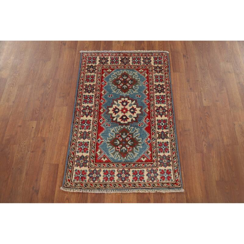 Blue Kazak Accent Rug Handmade Geometric Wool Carpet - 2'0" x 3'0"