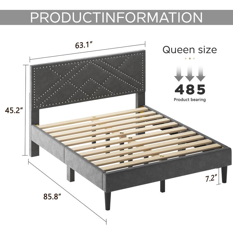Linen Fabric Storage Bed Frame, Wooden Slats Support, Upholstered Platform Bed with Wingback Storage Headboard