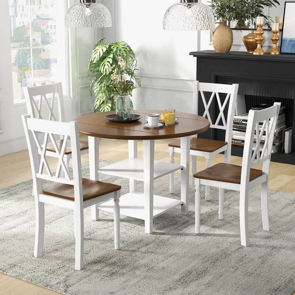 Round Drop Leaf Dining Table Set with 4 Chairs in White/Walnut Wood Finish - Bed Bath & Beyond ...