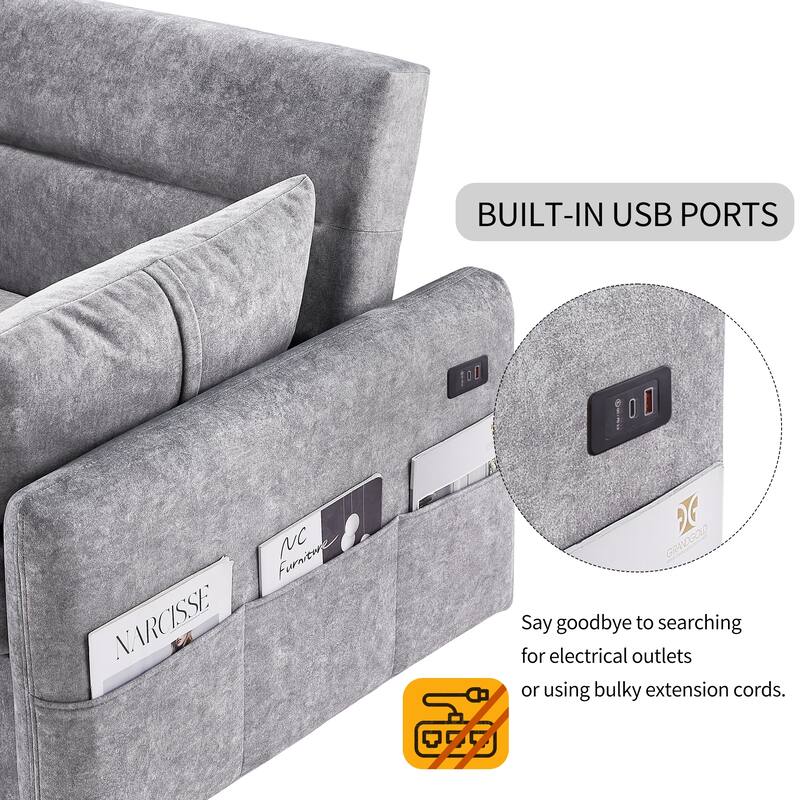 3-in-1 Pull Out Sofa Bed, Couch Bed with Adjsutable Back and Storage Pockets, 2 Seater Sofa with 2 Soft Pillows and USB Ports