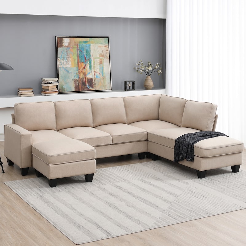 L-shaped Sectional Sofa 7-seat Linen Couch Set w/Convertible Ottoman ...