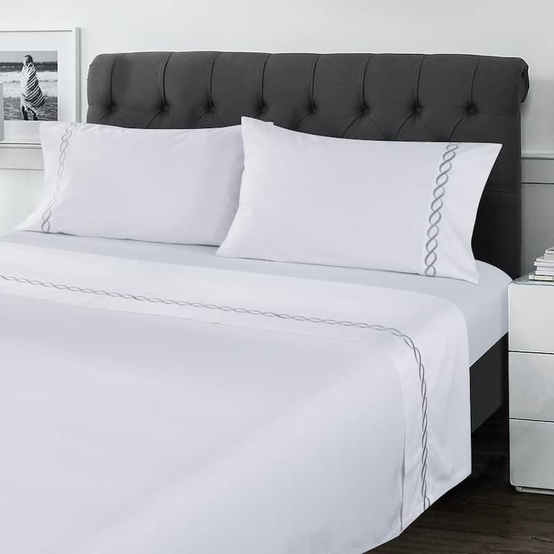 WHOLINENS Cotton Sateen Sheet Set 4Pcs 500 Thread Count Hotel Collection - King - White-Grey