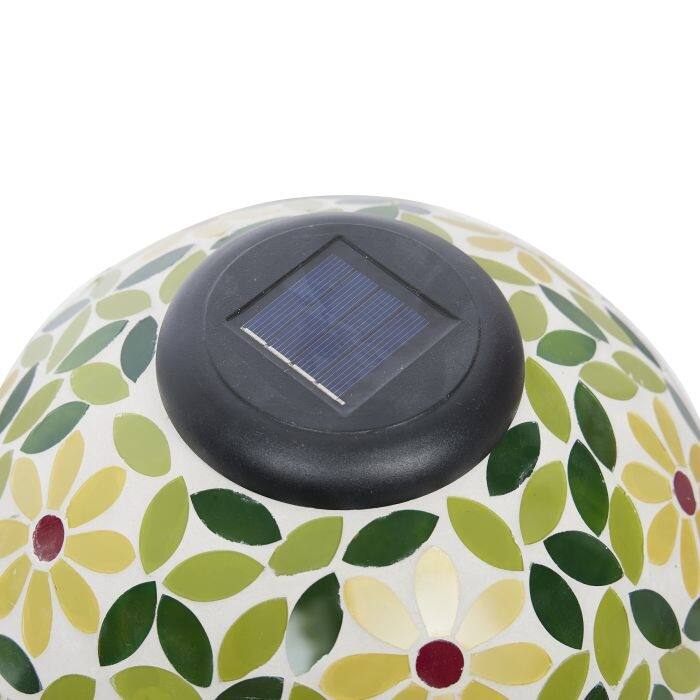 Alpine Corporation GRS1190A-SLR 11" Solar-Powered Floral Mosaic Glass Gazing Globe with Metal Stand, Yellow