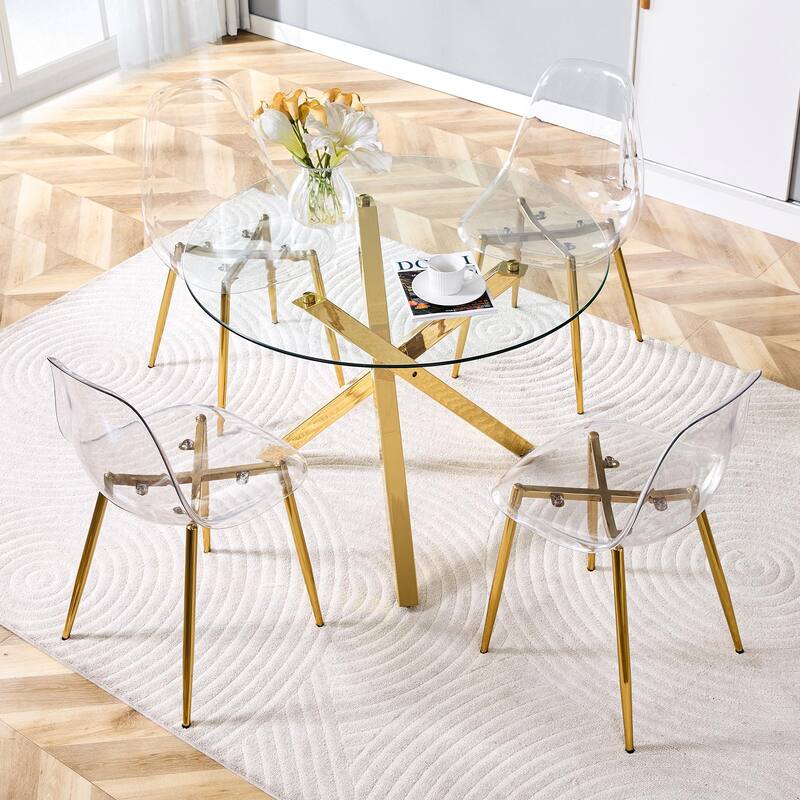 Set of 5 Piece Round Glass Dining Table and 4 Transparent Plastic Chairs X Shaped Metal Base