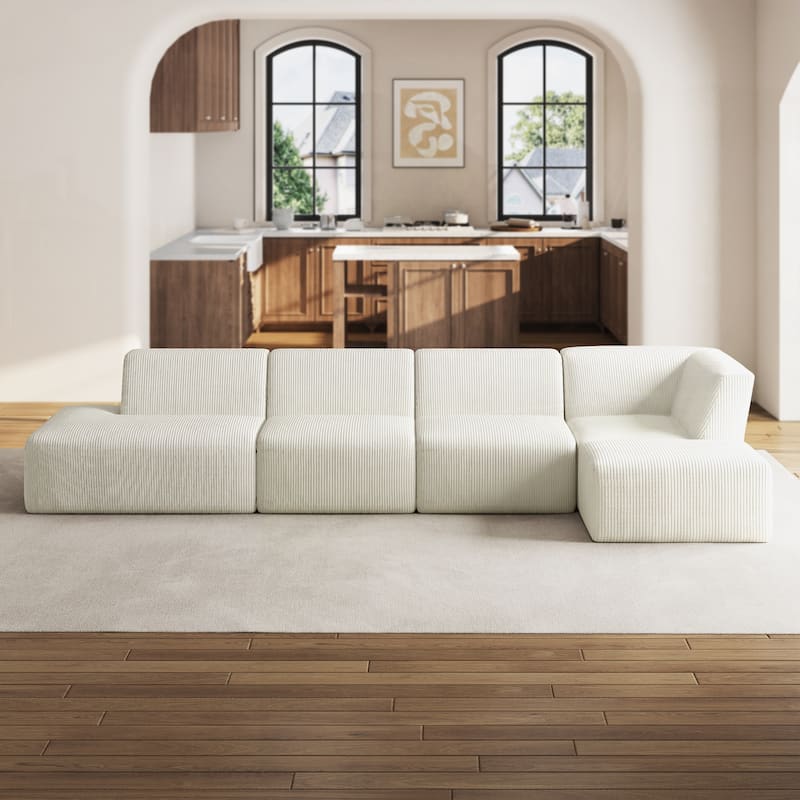 Corduroy Fully Sponge Molded Modular Sectional Sofa with Ottoman - Beige-5 Piece - Left Facing