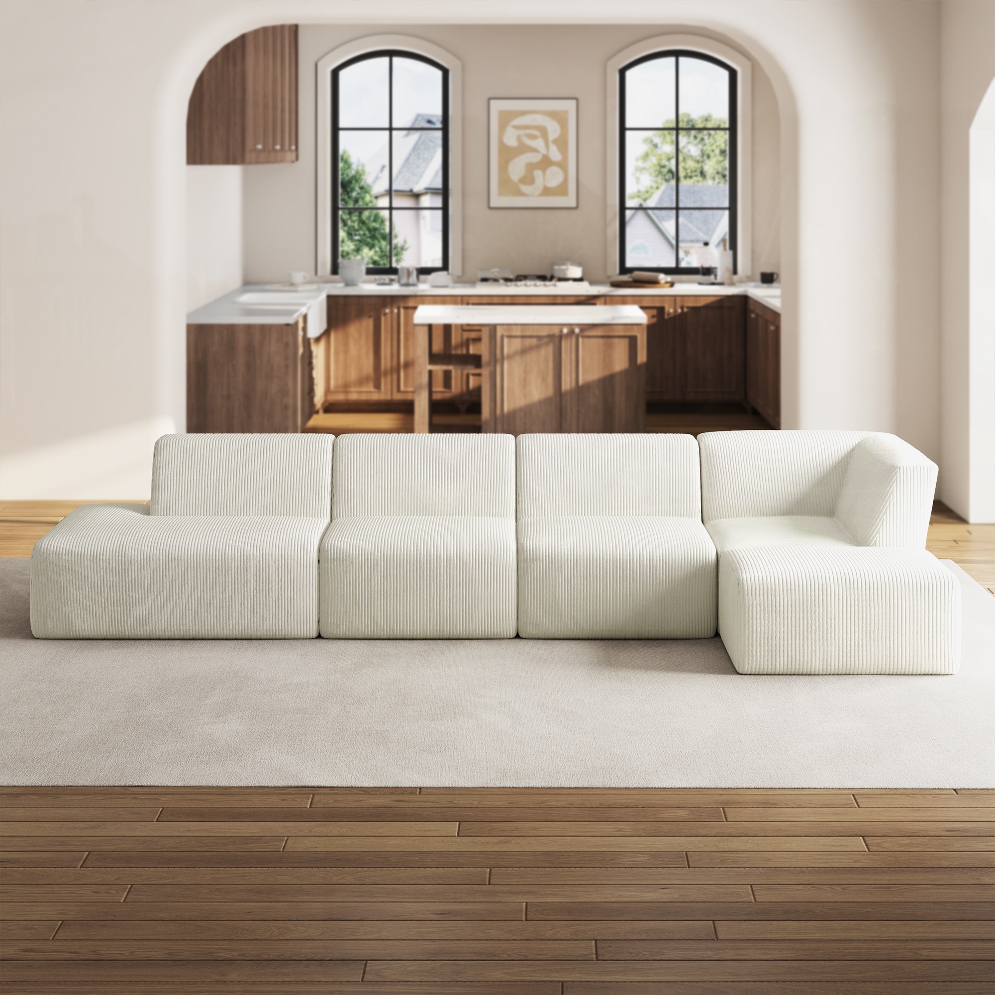 Corduroy No Assembly Required Modular Sectional Sofa with Ottoman
