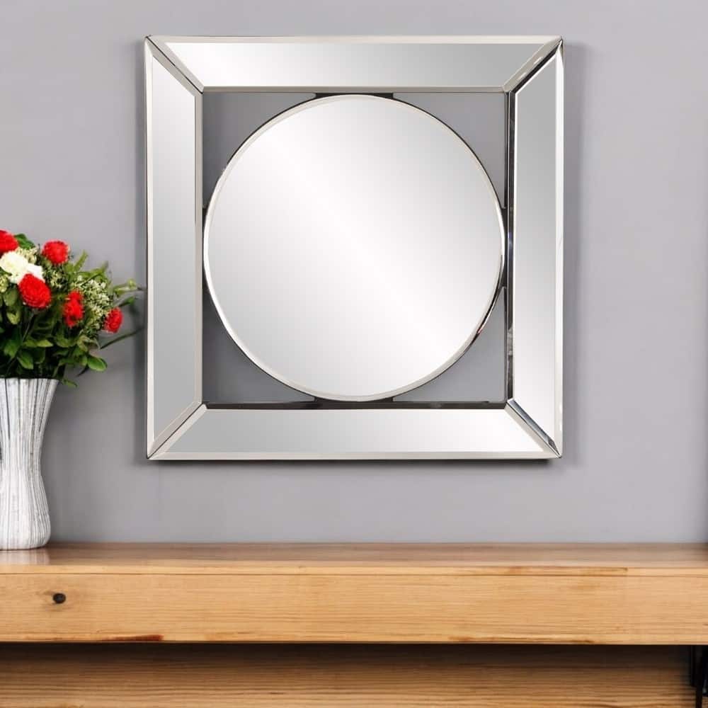 HomeRoots 12" Round in Square Glass Framed Accent Mirror - Clear
