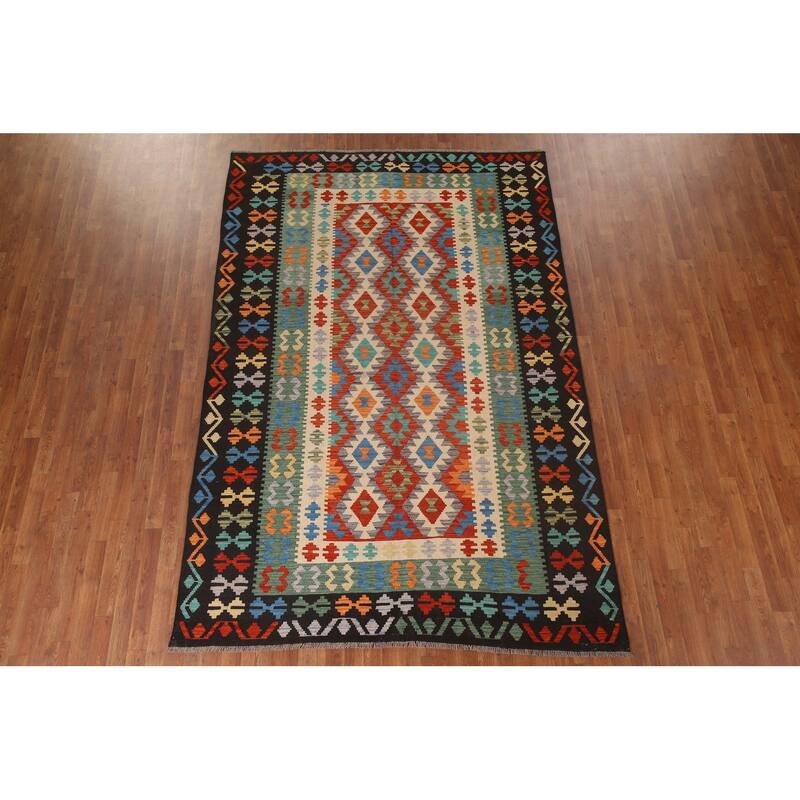 Hand Woven Oriental 100% Wool Carpet Southwestern Geometric Multi-Colored Kilim Area Rug - 9' 10'' X 7' 0''