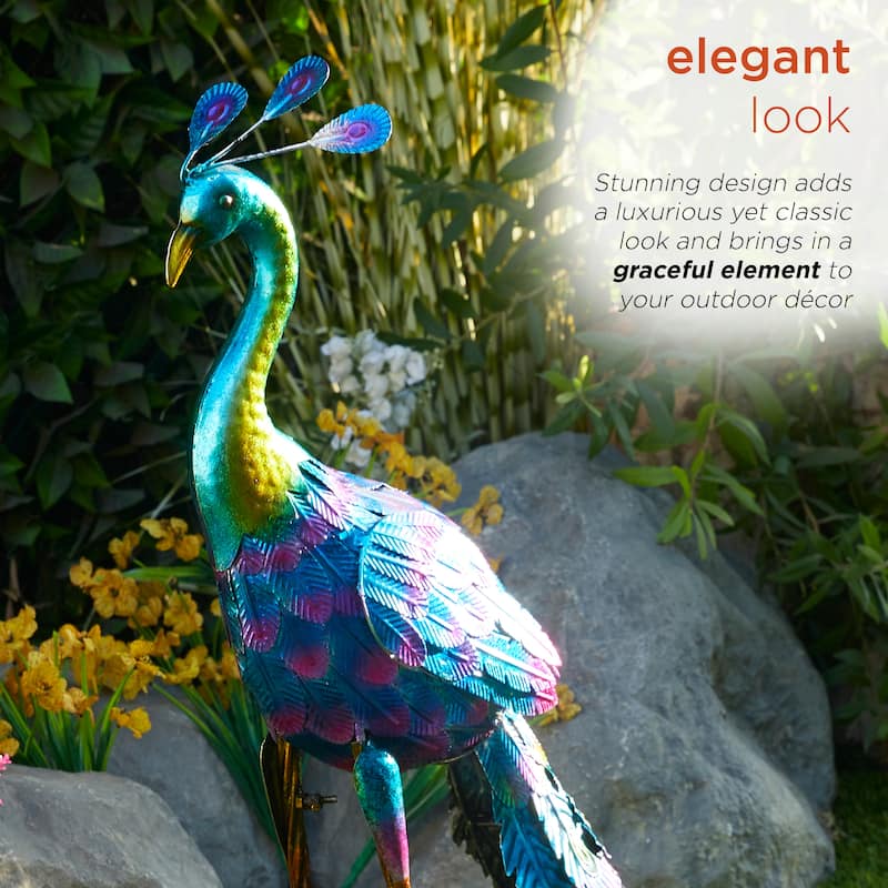 Alpine Corporation Tall Outdoor Metallic Peacock Standing Yard Statue Decoration, Multicolor