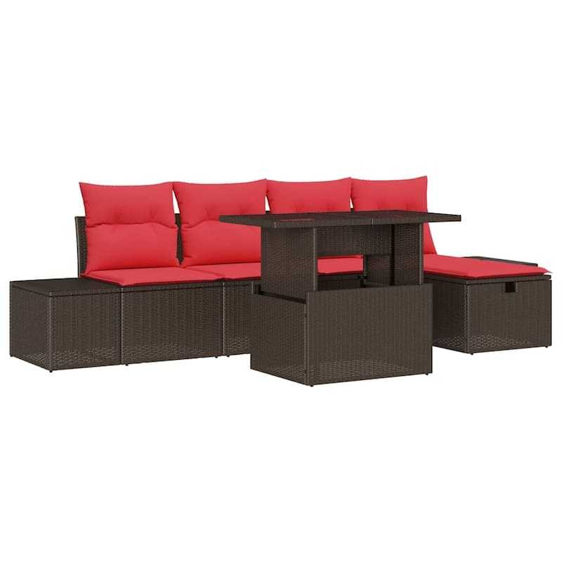 vidaXL 6 Garden Sofa Set with Cushions Black/Brown/Grey Poly Rattan - 115.8 x 46.1 x 27.2