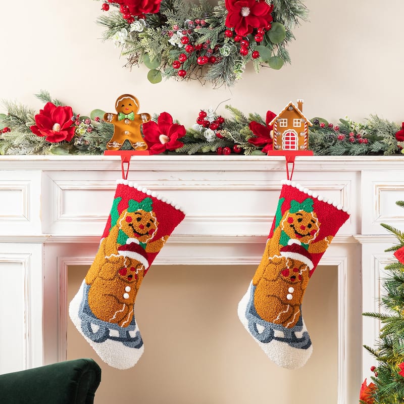 Glitzhome Christmas Marquee LED Gingerbread Man House Stocking Holders with Stockings Mantel Ornament