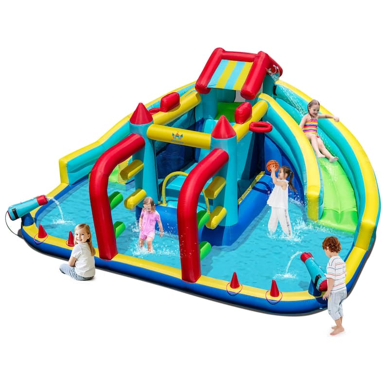Costway Inflatable Water Park with Climbing Wall Splash Pool Water - Multi-Colored - Without blower