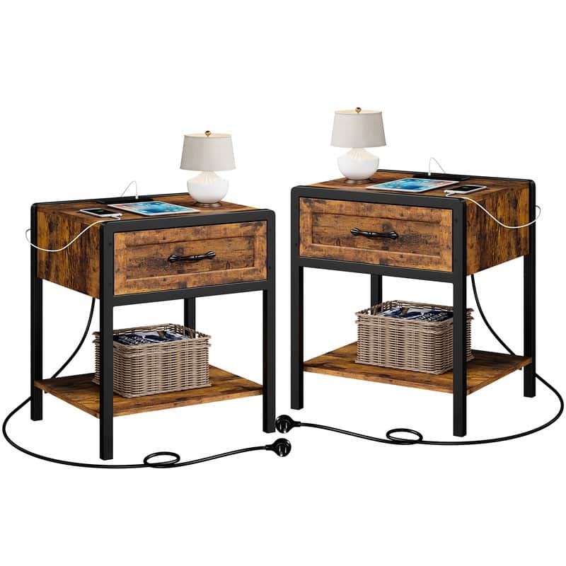 Round corner steel and wood bedside table - Brown