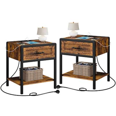 Round corner steel and wood bedside table - Brown