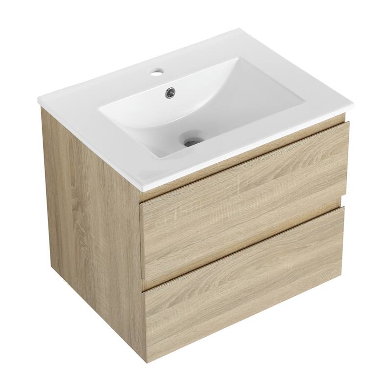 24" Floating Bathroom Vanity with Ceramic Basin, 2 Soft-Close Drawers, Eco-Friendly Plywood Construction