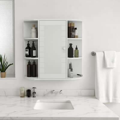 Wall Mounted Bathroom Mirror Cabinet, White Medicine Cabinet with 6 Open & 3 Adjustable Shelves, UV Finish
