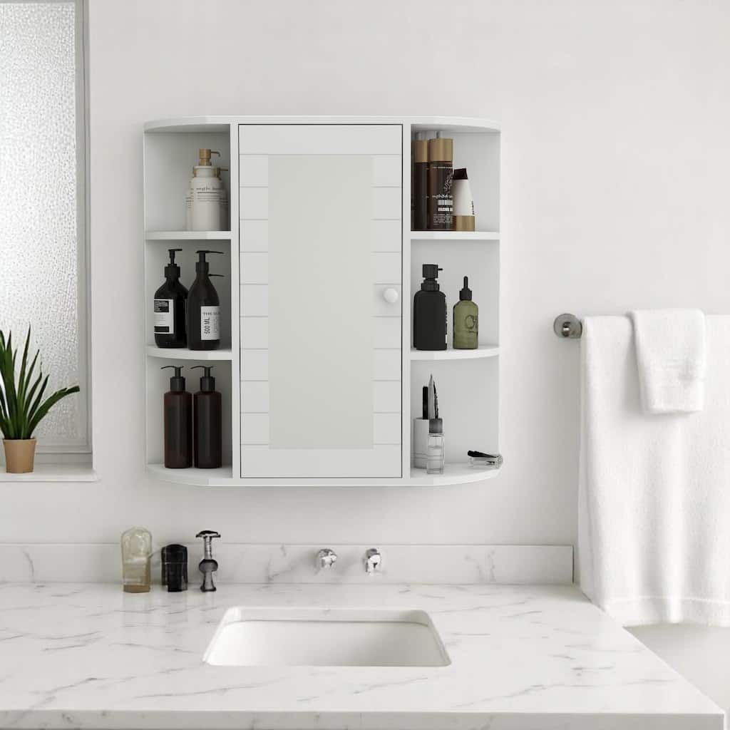 Wall Mounted Bathroom Mirror Cabinet, White Medicine Cabinet with 6 Open & 3 Adjustable Shelves, UV Finish