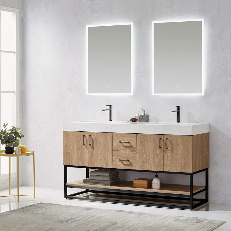 Alistair 60" Double Vanity with White Grain Stone Top without Mirror