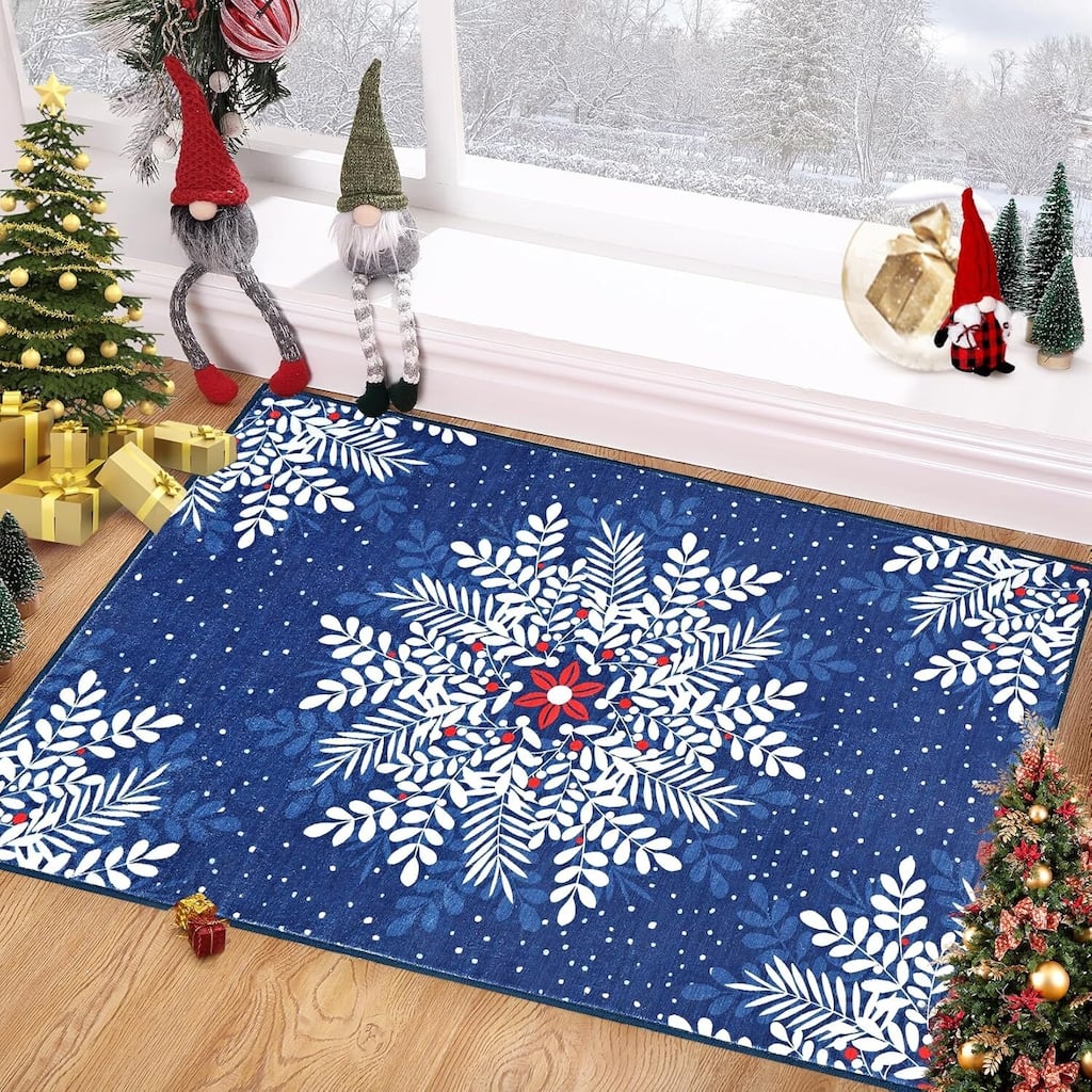 Christmas Snowflake Washable Area Rug, Floor Carpet for Holiday Decor, Blue
