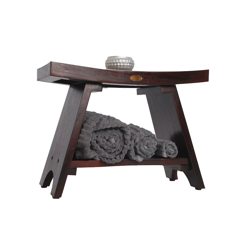 24" DecoTeak Serenity Eastern Style Solid Teak Shower Bench With Shelf in WoodLand Brown Finish