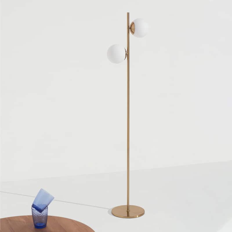 Brightech Sphere 65 in. Antique Brass Modern 2-Light LED Super Bright Floor Lamp with 2 Frosted White Glass Globe Shades