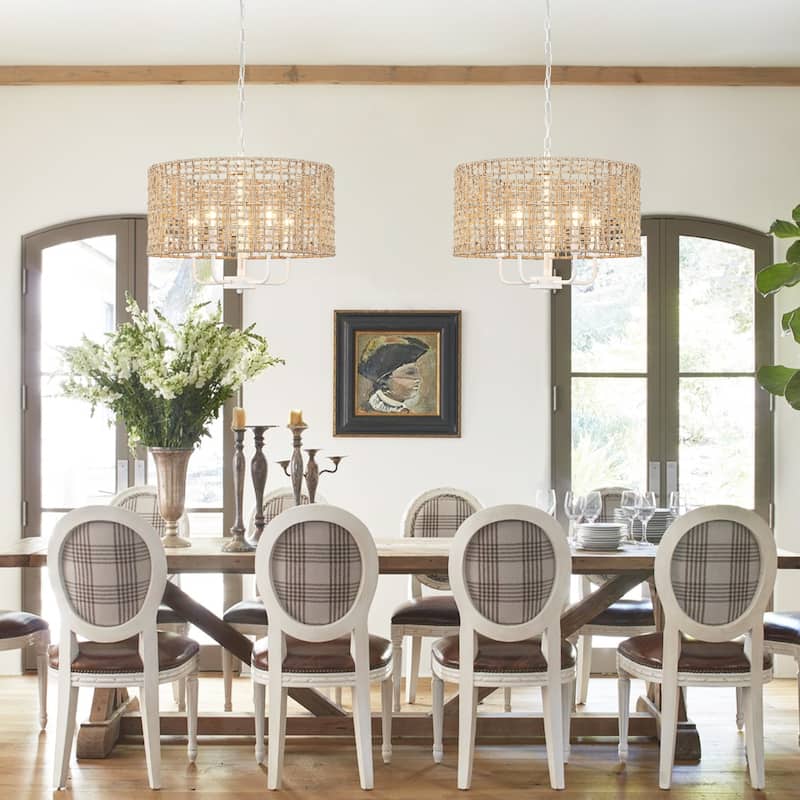 5 - Light Dimmable Drum Chandelier Natural Rattan Bohemian & Coastal Pendant - 18.9 in