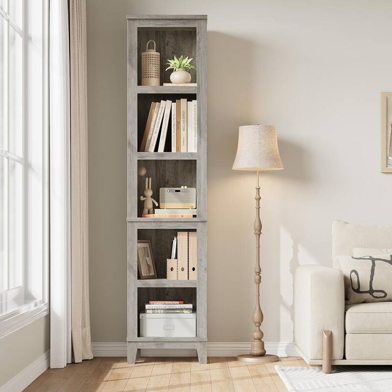 5 Tier Tall Narrow Bookcase with Adjustable Shelves for Living Room Apartment Office - N/A