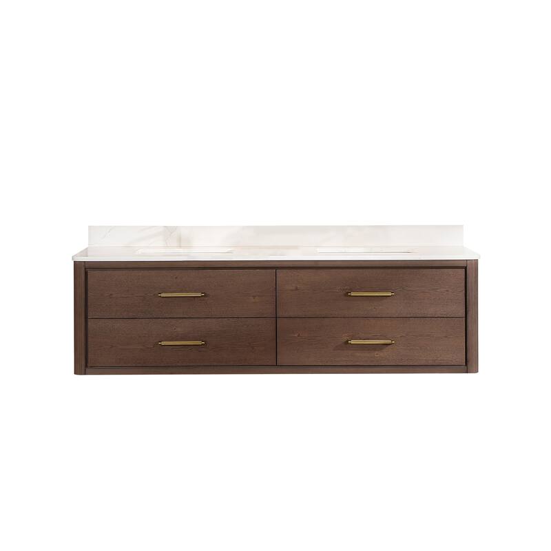 Cristo Floating Bath Vanity with White Quartz Stone Top without Mirror - 72 in. - Dark Brown Oak