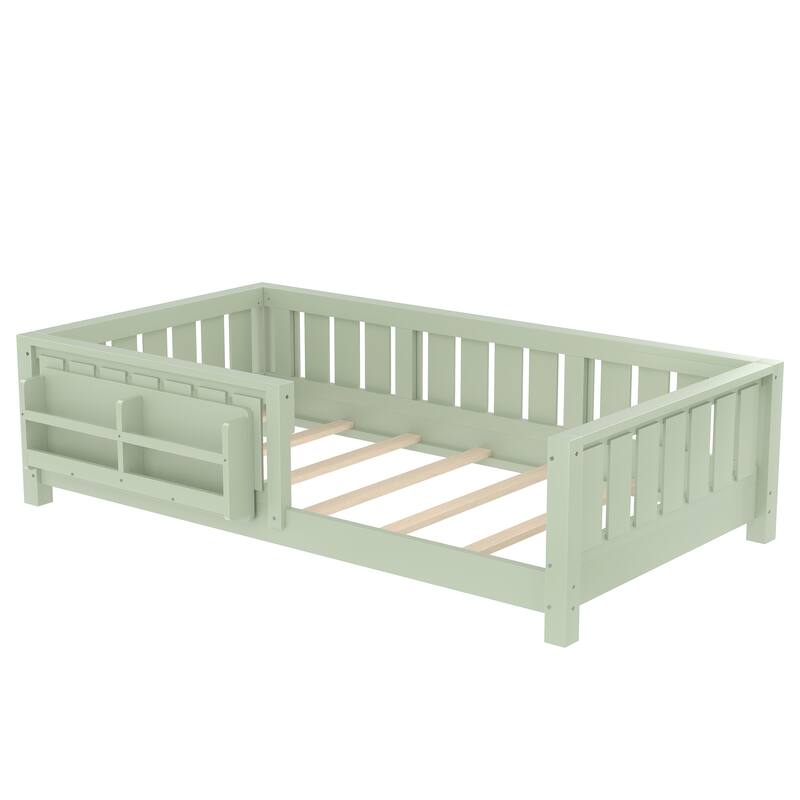 Twin bed with built-in bookshelf and high-quality safety guardrail